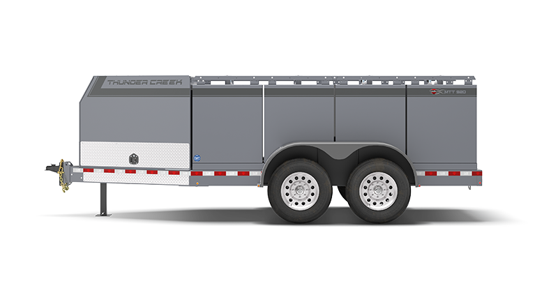 Multi fuel tank trailer, No HAZMAT Fuel and Service Trailer, fits 920 gallons of fuel parked in side view.